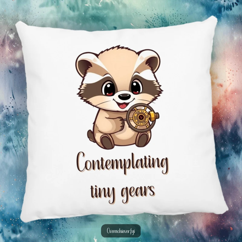 Funny Pillow: A delighted badger character with wide eyes, examining a tiny, intricate mechanical device, soft and cozy.