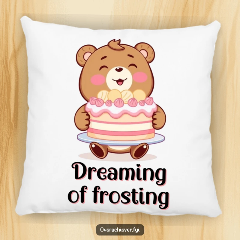 Funny bear baker pillow featuring a beaming bear proudly presenting a large, perfectly decorated cake.