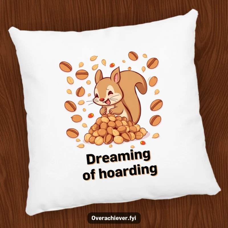 Funny pillow showcasing a hyperactive squirrel with an impossibly large pile of nuts, offering comfort with humorous energy, a great funny gift.