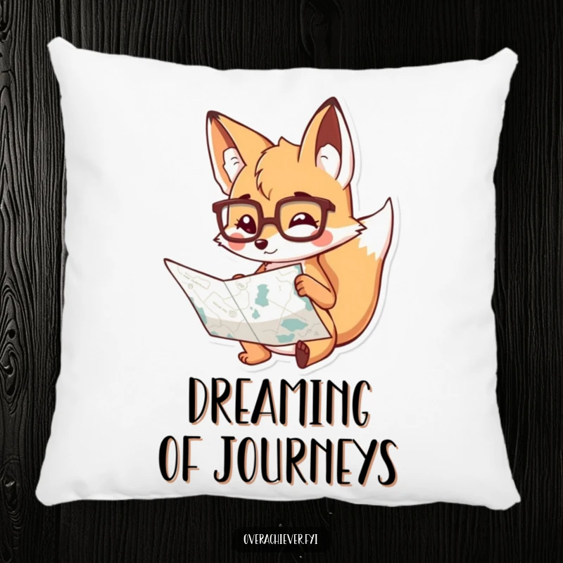 Funny Pillow: A clever fox wearing eyeglasses, intently studying a large map, offering cozy comfort with a humorous, intellectual vibe.