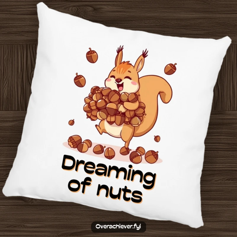 Funny motivated squirrel pillow, juggling an impossibly large pile of acorns, soft and humorous.