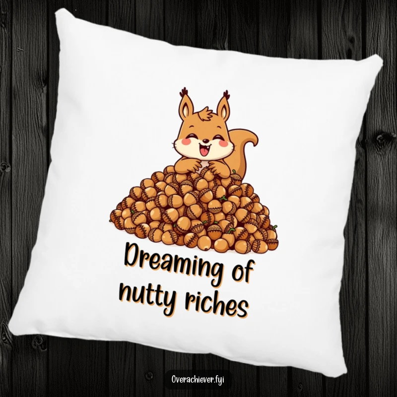 Funny squirrel pillow with a happy character hoarding a giant pile of acorns, soft and humorous home decor.
