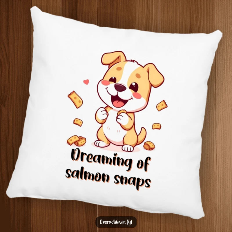 Funny Pillow: A happy dog character performing a difficult trick with many treats, soft and cuddly design.