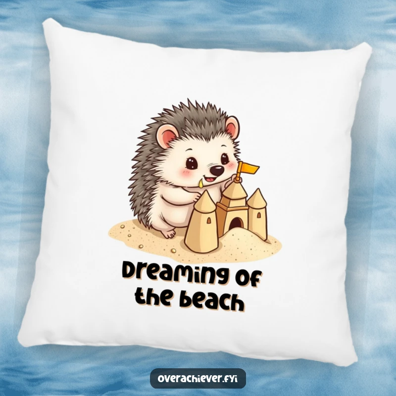 Funny Hedgehog Pillow: A playful hedgehog building a miniature sandcastle with precise detail, adding humorous comfort to any room.