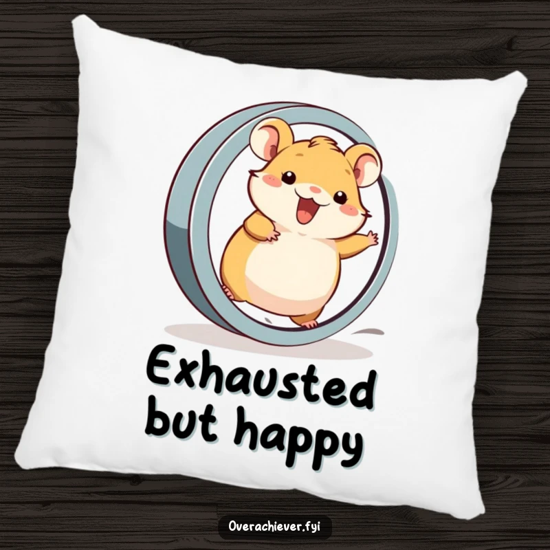 Funny Pillow: A cheerful hamster character running at top speed on an oversized wheel, soft and comforting.
