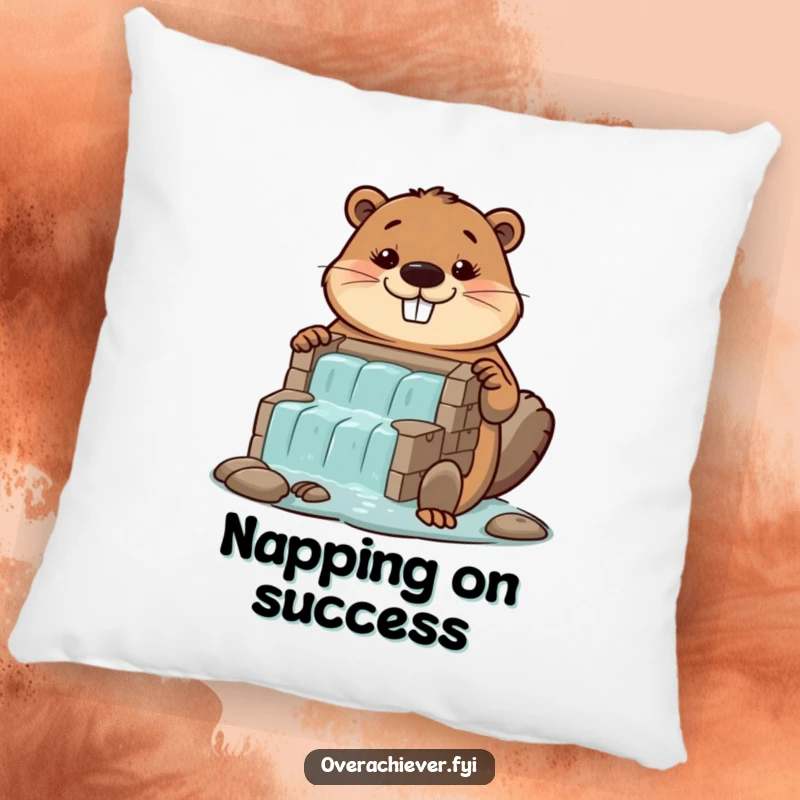 Funny diligent beaver pillow, proudly displaying a colossal, perfectly built miniature dam.