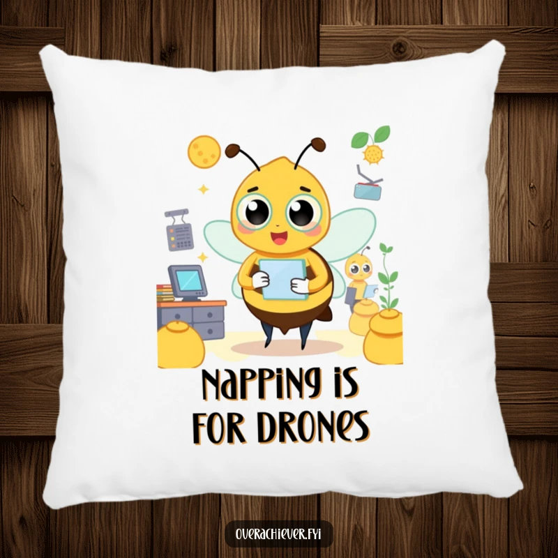 Funny bee pillow with a busy character managing a hive, soft and efficient decor.