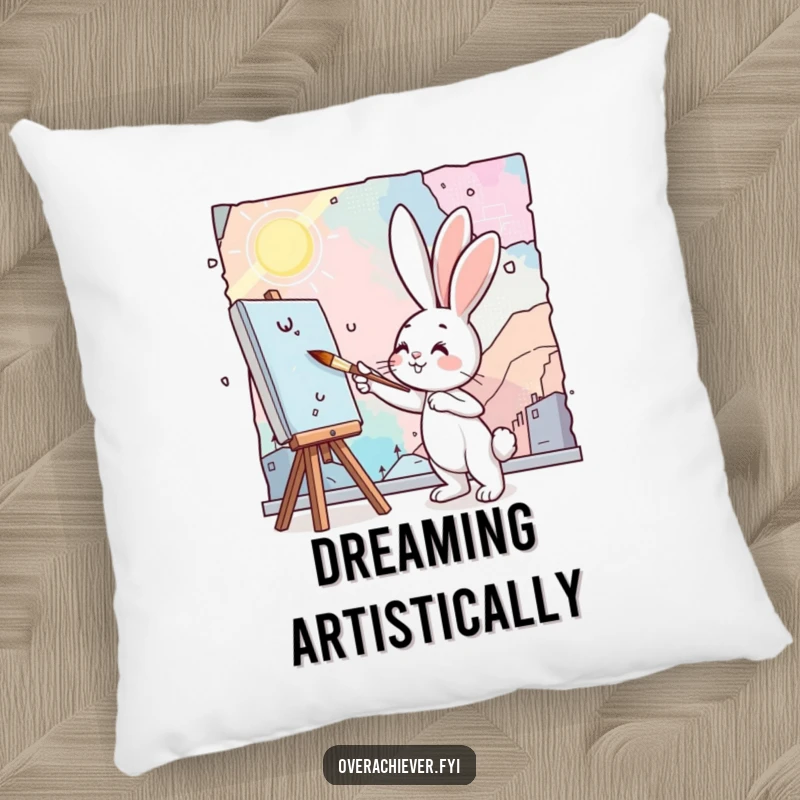Funny bunny artist pillow featuring a cute bunny painting a large, colorful mural with a tiny, precise brush.