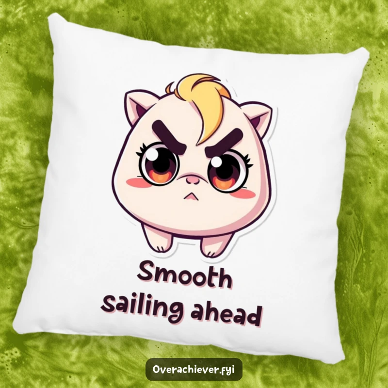 Funny pillow featuring a character with determined eyes, focused on ironing a minuscule wrinkle with extraordinary care.