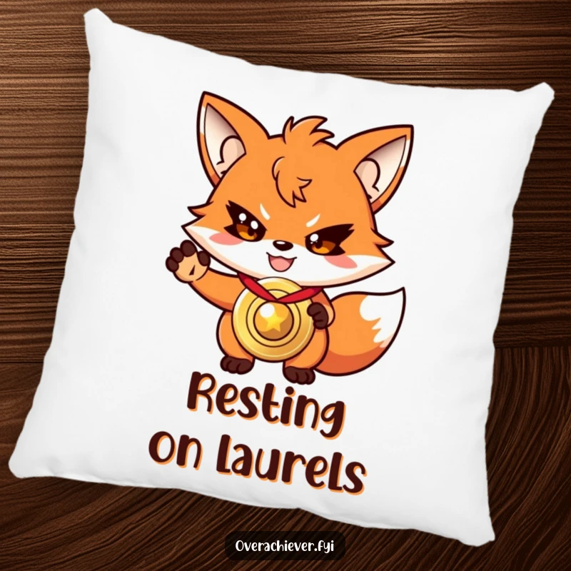 Funny driven fox pillow, with a determined grin, presenting a shiny, oversized medal.