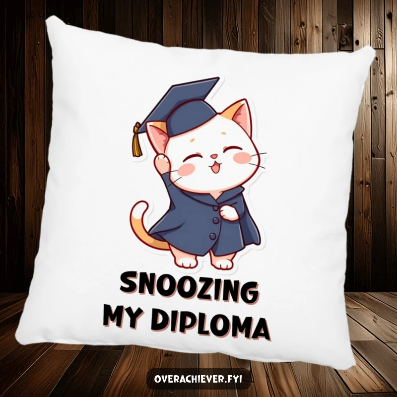 Funny graduation cat pillow featuring a joyful cat in a cap and gown, mid-cap toss, embodying celebratory success.