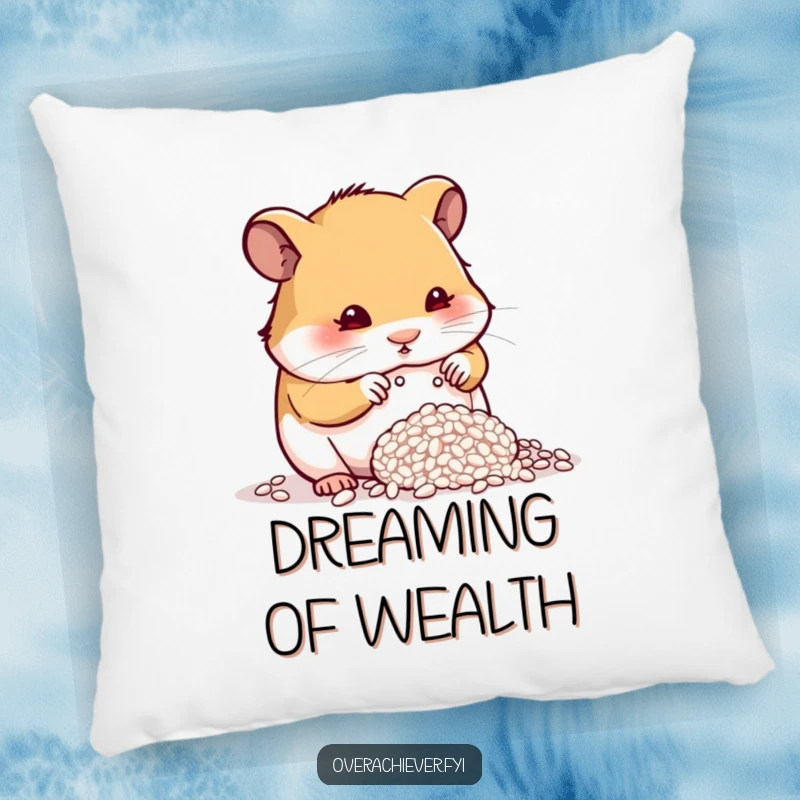 Funny determined hamster counting a single grain of rice on a soft pillow, bringing comfort and humor.