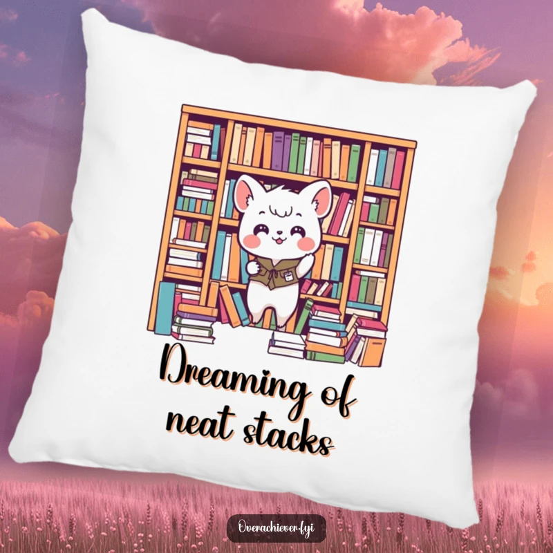 Funny animal pillow, enthusiastically organizing a chaotic bookshelf, providing comfort and visual order. A cute and humorous decorative gift.