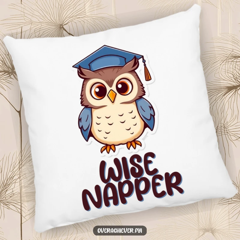 Funny pillow featuring a determined owl wearing a tiny graduation cap, proudly hooting, a comfortable and wise home accent.