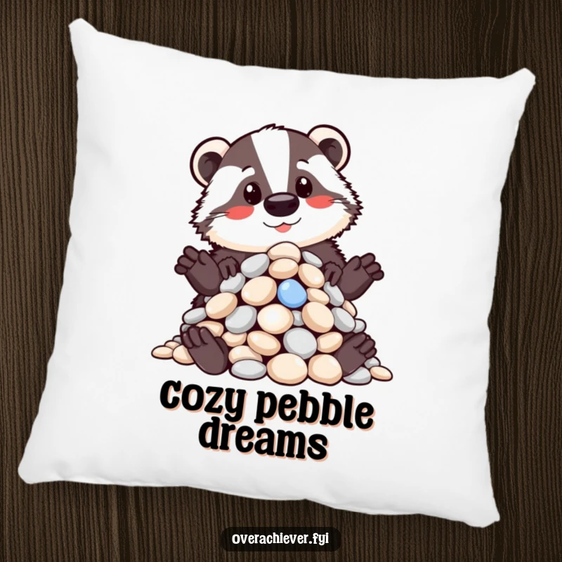 Funny pillow showcasing a proud badger with a meticulously organized pile of shiny pebbles, offering comfort with humorous order, a great funny gift.