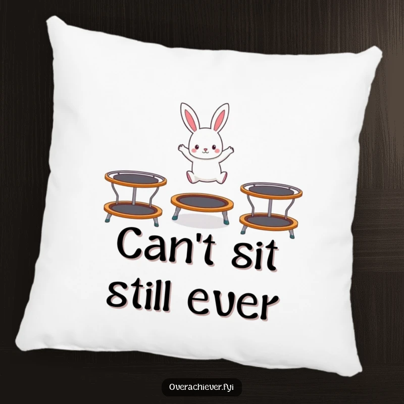 Funny pillow featuring a tiny rabbit character energetically hopping on three trampolines, providing comfort and a dose of cheerful humor.