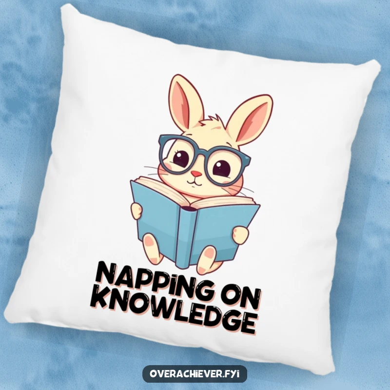 Funny pillow featuring a cute rabbit in oversized spectacles, diligently reading a giant book, a comfortable and charming accent.