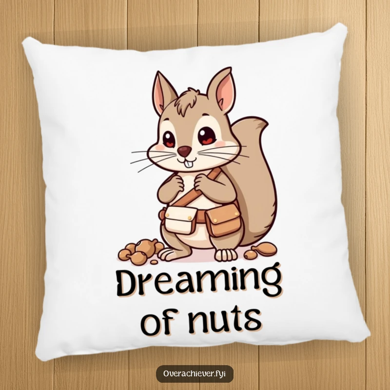 Funny squirrel character in a belt with pouches sorting nuts, a soft and humorous decorative pillow.