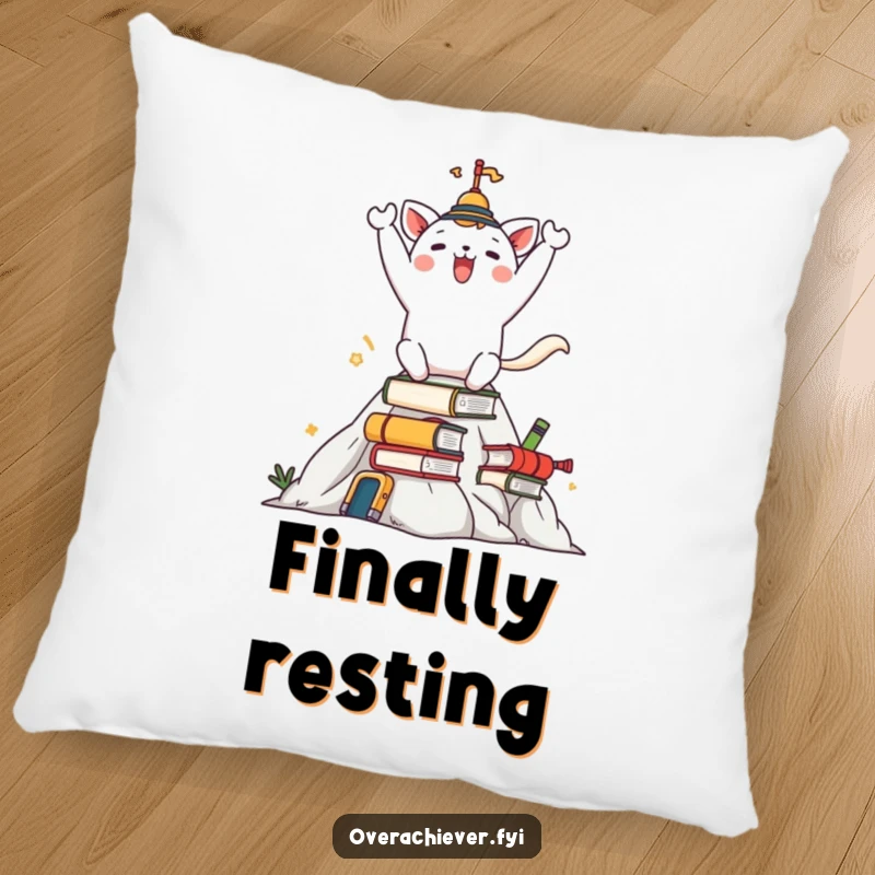 Funny pillow with a celebrating animal character on a mountain of tasks, a soft and motivational decorative accent.