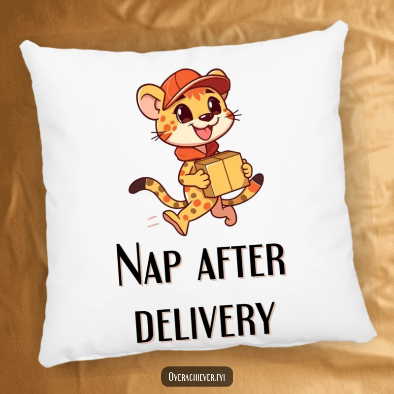 Funny Pillow: A speedy cheetah character delivering packages, offering humorous comfort and swift vibes.