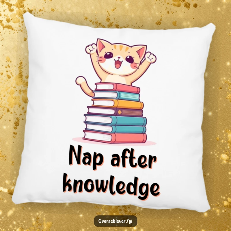Funny decorative pillow featuring a triumphant cat character perched atop a huge stack of books, symbolizing study success and comfort.
