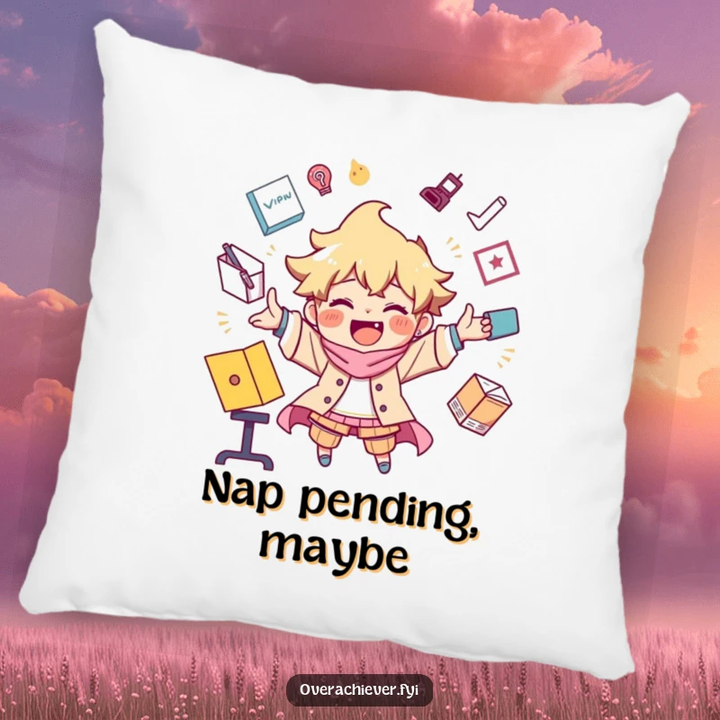 Funny pillow depicting a character joyfully juggling an extreme number of tasks, a symbol of managing a hectic life.