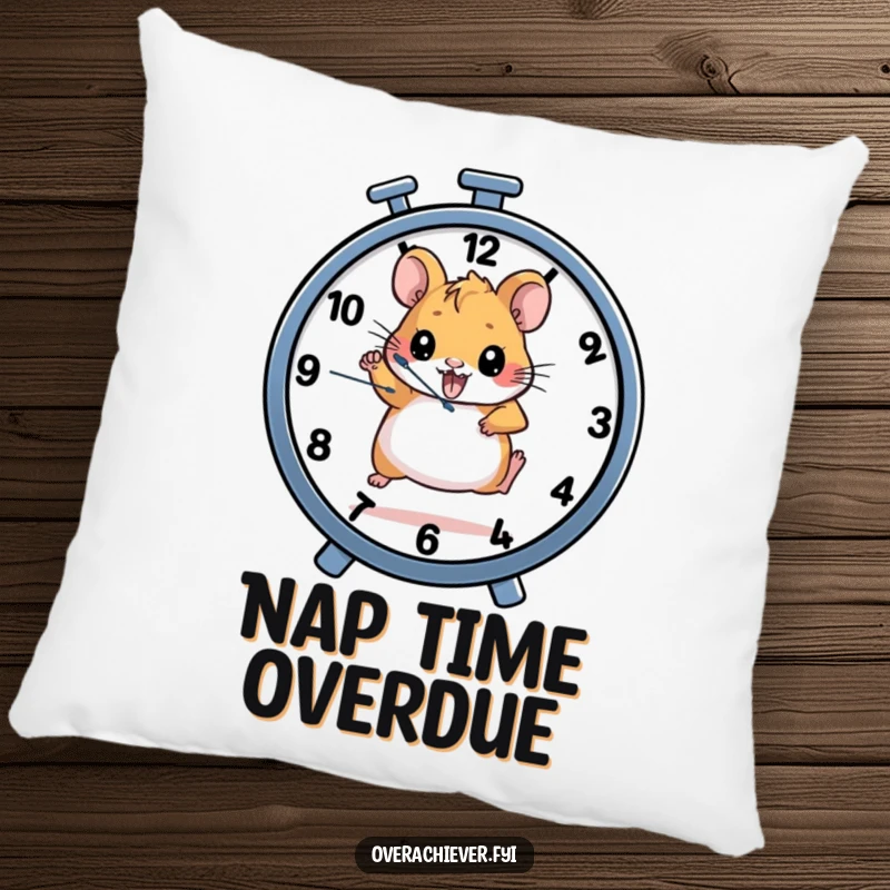 Funny pillow with a determined hamster character running on a wheel that also functions as a clock, soft and motivational.