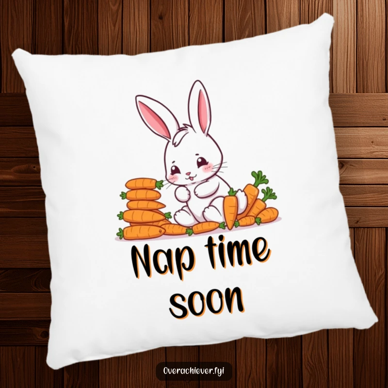 Funny Pillow: A cute bunny character focused on neatly arranging a colorful stack of healthy carrots, offering cozy and funny vibes.