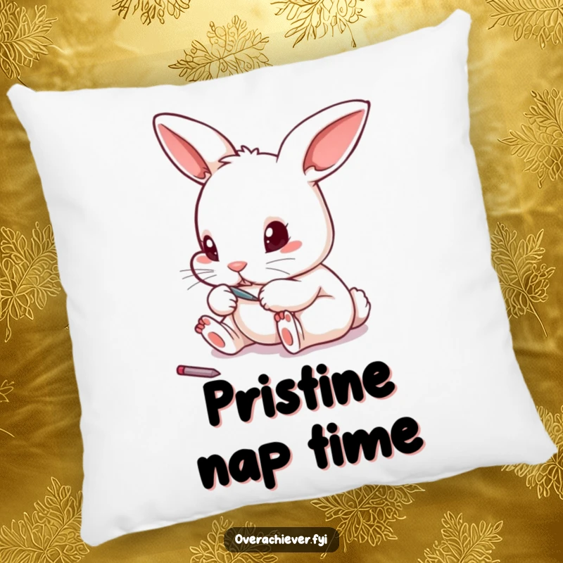 Funny tiny rabbit meticulously filing its toenails with a miniature file on a soft pillow, bringing comfort and humor.
