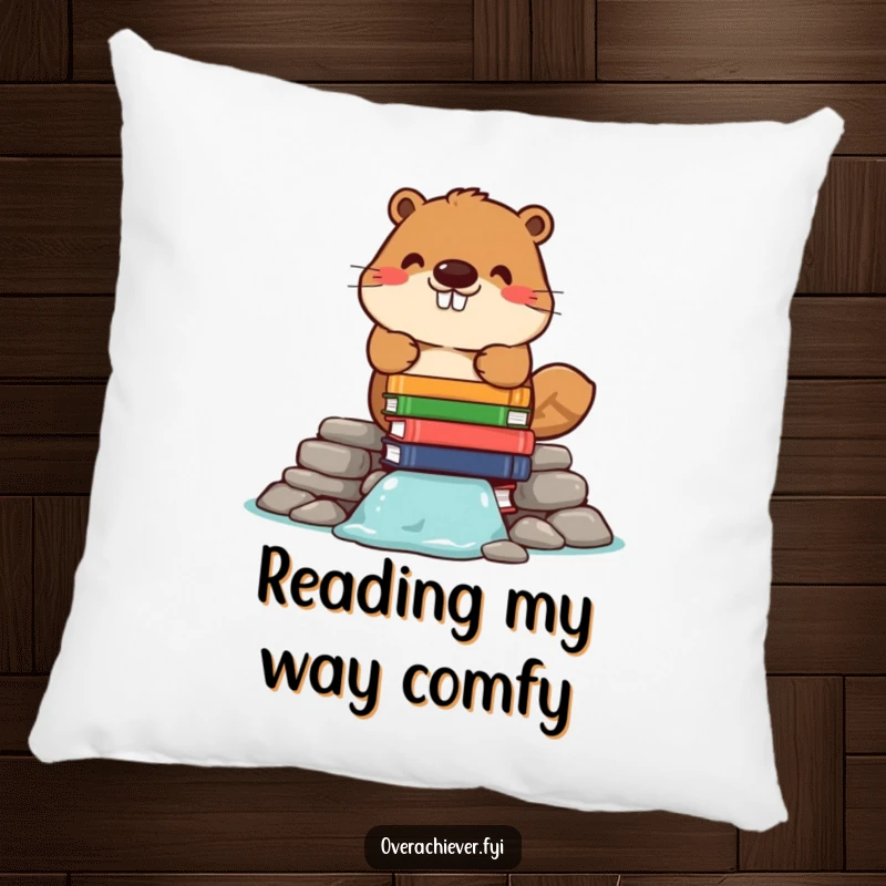 Funny pillow featuring a cheerful beaver character building a dam of meticulously stacked books, offering comfort and intellectual charm.