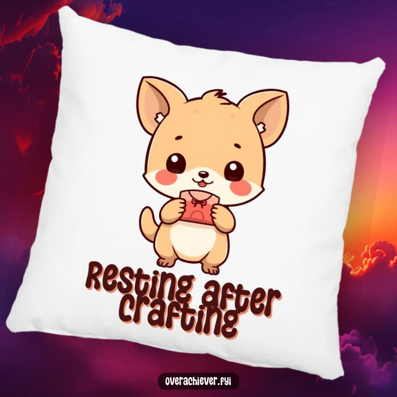 Funny animal pillow, happily presenting a perfectly made tiny object, providing comfort and celebrating creative accomplishment humorously. A decorative gift.