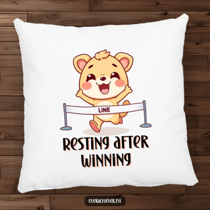 Funny Pillow featuring an animal character crossing a finish line with a determined grin, offering comfort and winning vibes.