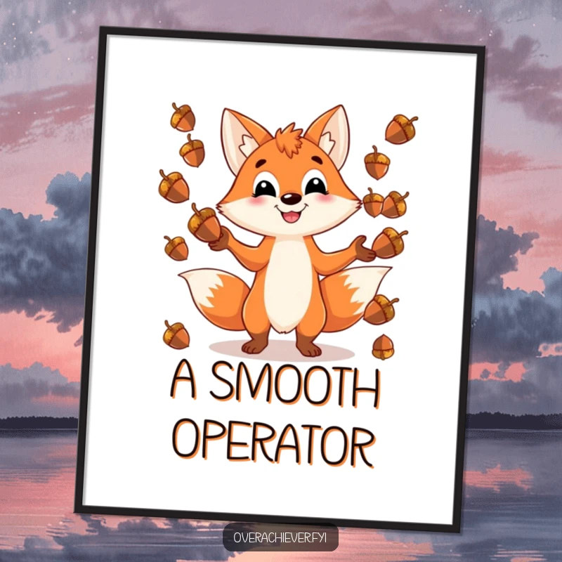 Funny digital art of a playful fox character grinning while juggling an impossible number of shiny acorns, offering instant humorous decor.