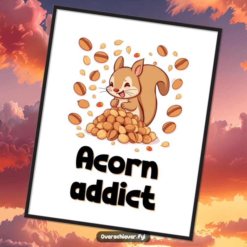 Funny digital art print of a hyperactive squirrel assembling an impossibly large pile of nuts, exuding humorous ambition, a great funny gift.