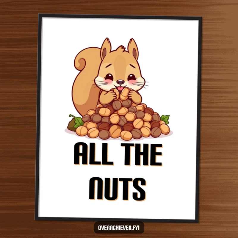 Funny cute squirrel character frantically stuffing an impossibly large amount of nuts, high-resolution digital art for humorous decor.