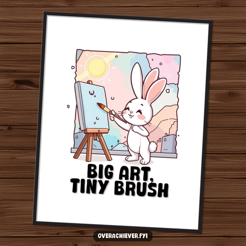 Funny bunny painting digital art print of a cute bunny artist using a tiny brush to create a sprawling, colorful mural.