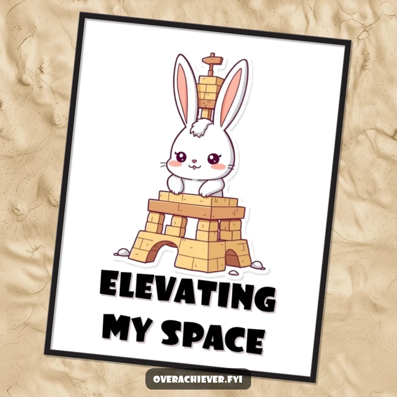 Funny rabbit builder digital art print, determined rabbit character constructing a tall structure, conveying ambition and humor digitally.