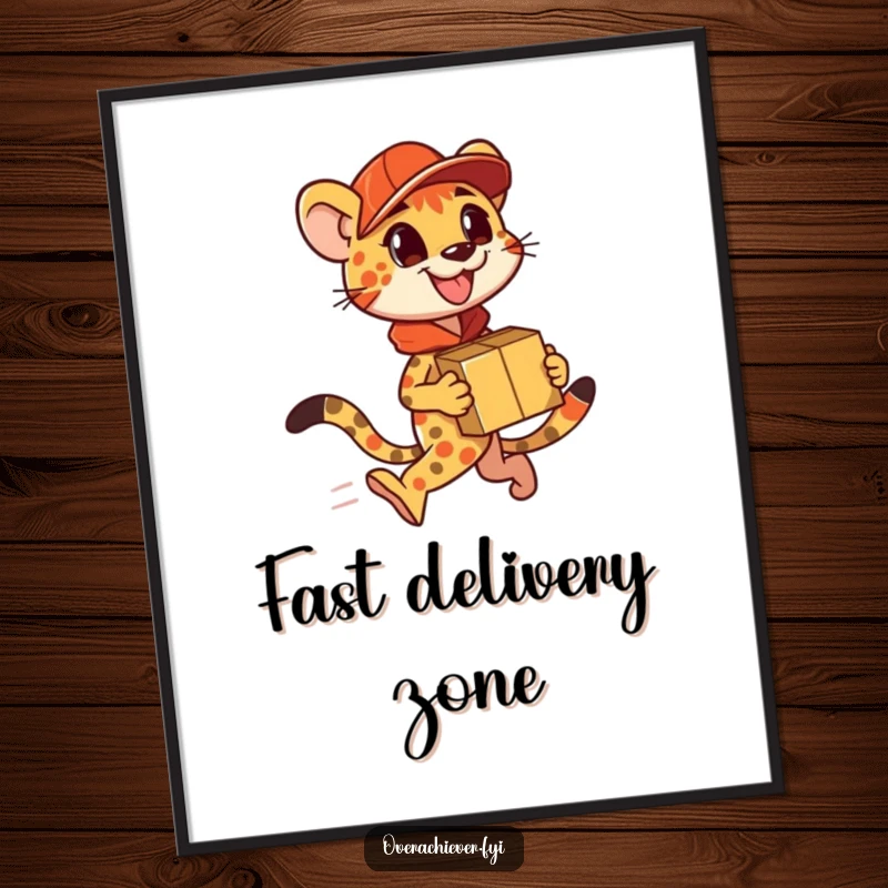 Funny Digital Art Print: A speedy cheetah character delivering a huge number of packages with humorous efficiency.