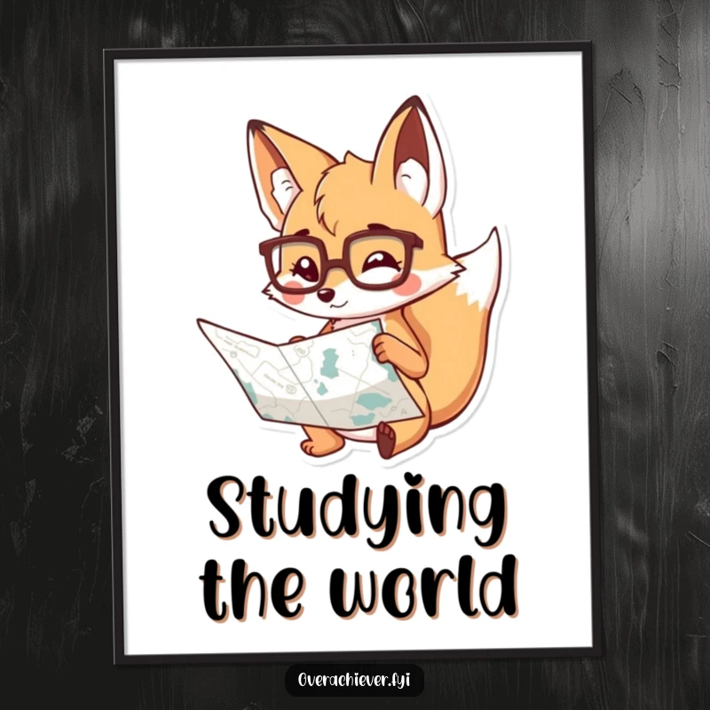 Funny Digital Art Print: A playful fox in spectacles diligently studying a large, detailed map, representing a humorous quest for knowledge.