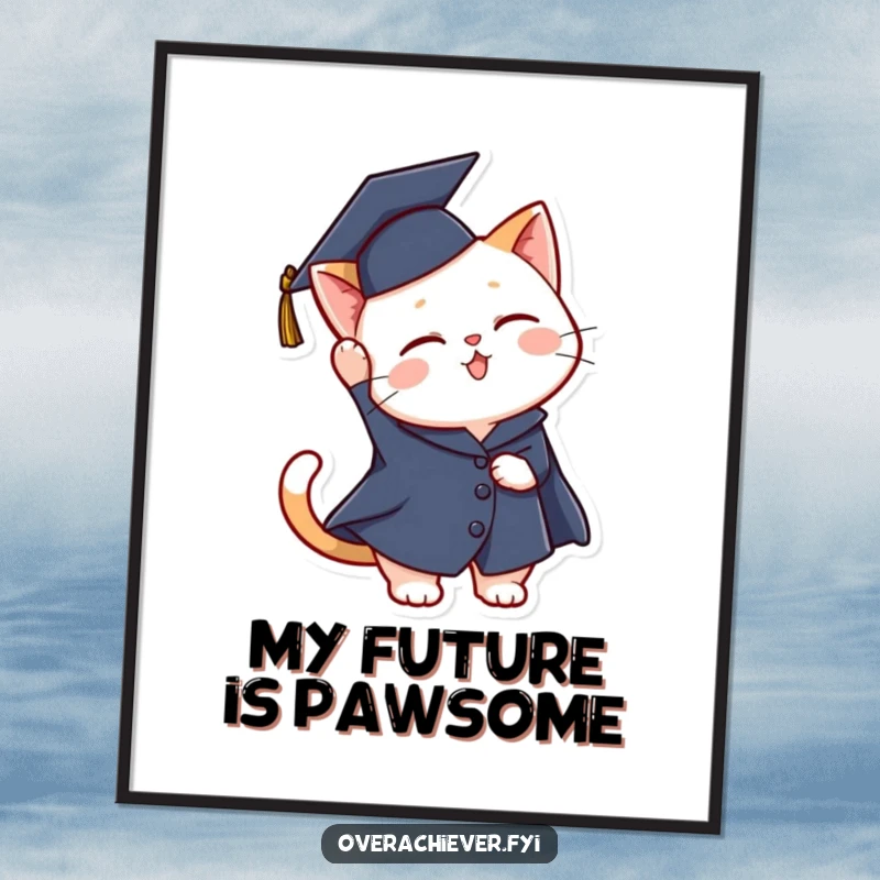Funny graduation cat digital art print of a cute cat in a graduation cap, joyfully tossing it high in the air.