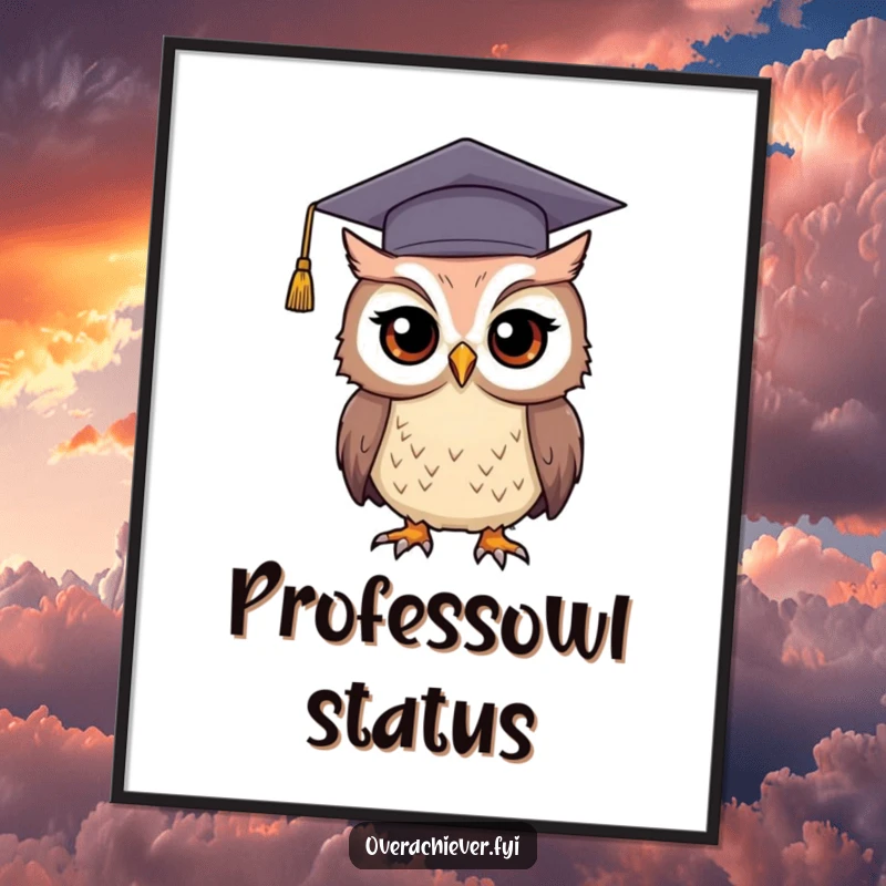 Funny graduation owl digital art print featuring a determined owl in an oversized cap, perfect for instant humorous decor.