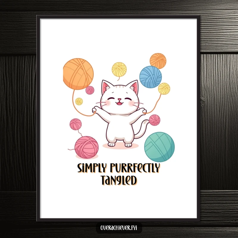 Funny digital art print of a Kawaii cat hilariously juggling an overwhelming amount of colorful yarn balls, full of charm and humor.
