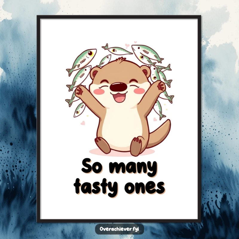 Funny Digital Art Print: A playful otter character juggling a large quantity of fish with a grin, depicted humorously.