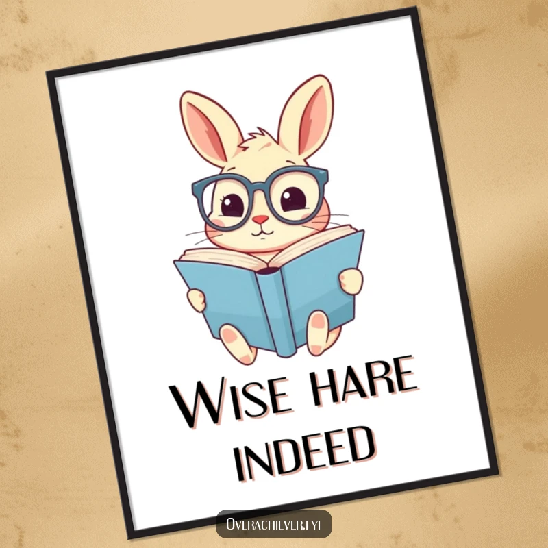 Funny digital art of a cute rabbit wearing oversized spectacles, diligently reading a giant book, offering instant charming decor.