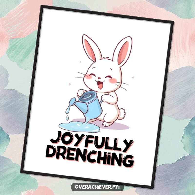 Funny energetic rabbit digital art print, exuberantly watering a tiny, overflowing watering can.