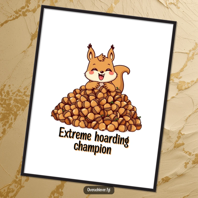 Funny squirrel digital art print of a happy character hoarding a massive pile of acorns, instant download.
