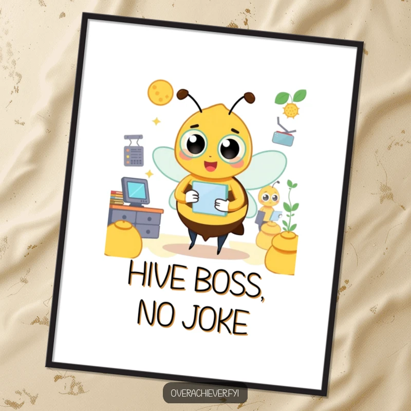 Funny bee digital art print of a busy character managing a hive, instant download.