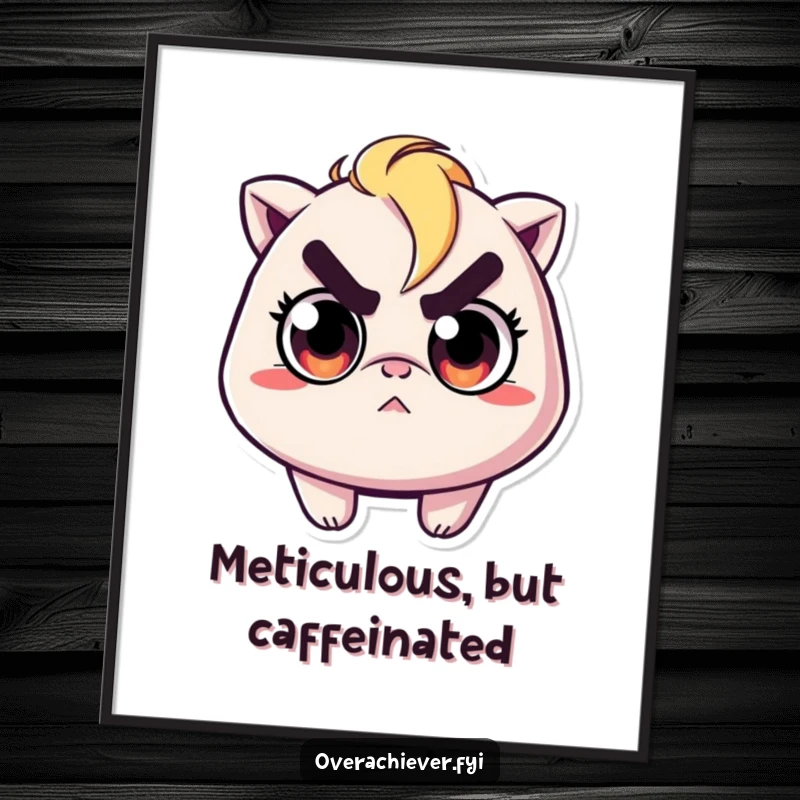 Funny digital art print of a character with wide, determined eyes, intensely ironing a minuscule wrinkle with sharp focus.