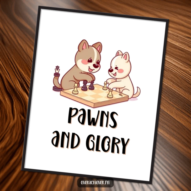 Funny kawaii dog character looking proud after winning a solo chess match, a humorous and vibrant digital art print.