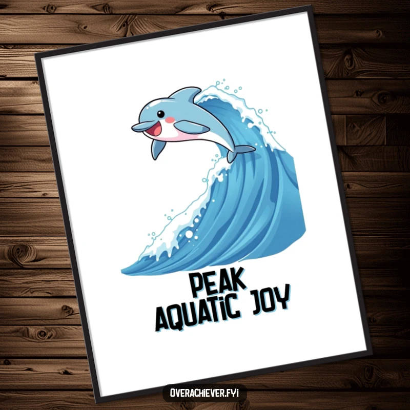 Funny digital art print of a dolphin character joyfully leaping high over a tall, glittering ocean wave, symbolizing freedom and fun.
